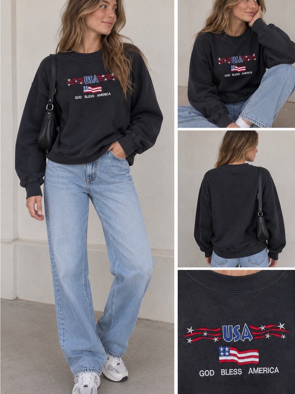 Vintage Patriotic USA Embroidered Graphic Crewneck Sweatshirt - Black. M